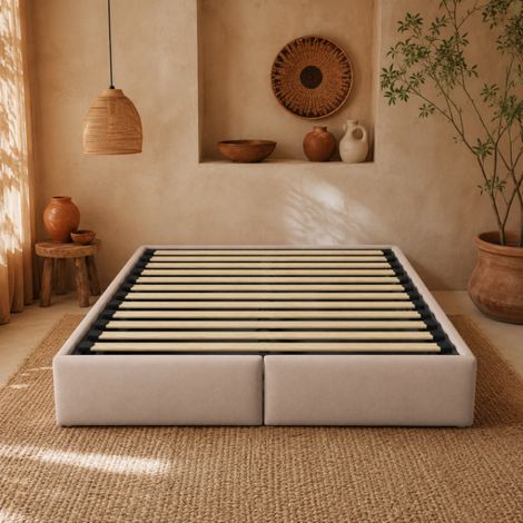 Lit double rembourré 140x200cm sans tête de lit, lit adulte en hydraulique avec 2 tiroirs, Beige, lin, Matelas non compris, MDF, pour chambre adulte et studio (1/5)
