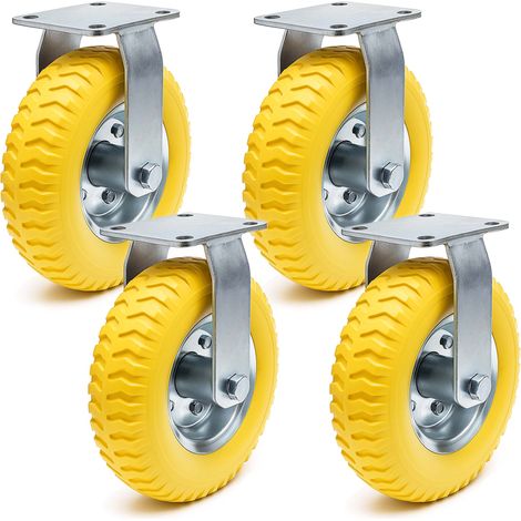 Wiltec Bockrollen Set 4x Ø225mm Transportrolle 58mm breit bis max.100kg pro Rad gelb aus Vollmaterial mit fixierter Halterung pannensicher, leiser Lauf