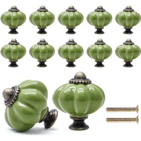 BelleRise - Lot de 12 boutons de tiroir en céramique vert sauge citrouille rétro pour coiffeuse + lot de 8 boutons vert sauge (1/5)