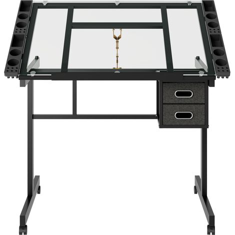 Tavolo da disegno regolabile con piano in vetro, 2 cassetti in tessuto e 4 ruote nere MODENUIT (1/5)