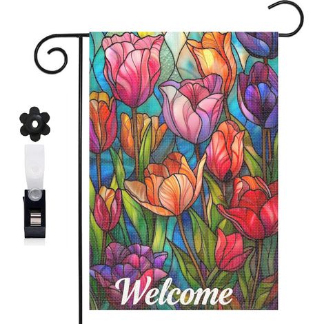 Drapeau de jardin bienvenue 30 x 45 cm motif classique et neutre toile double face durable pour extérieur (1/5)