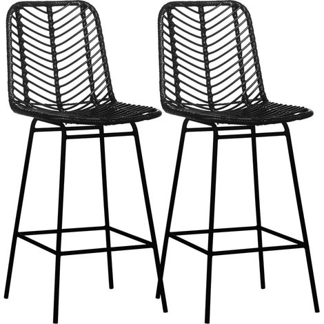 Lot de 2 tabourets de bar bohème, assise confortable en cannage, métal noir, pour îlot de cuisine (1/5)