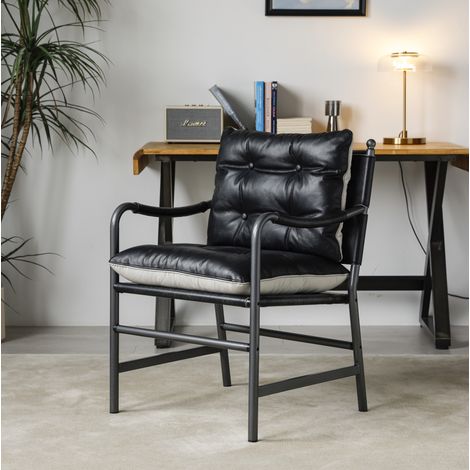 Poltrona accent in pelle, design Mid Century Modern, con braccioli e struttura in metallo, nera (1/5)