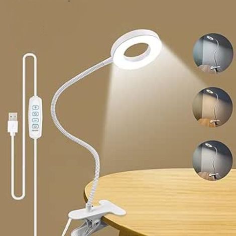 Lámpara de escritorio con 3 modos de iluminación, luz de lectura con clip para leer y trabajar, con cargador USB y brazo giratorio de 360 grados [Clase energética G] (1/4)