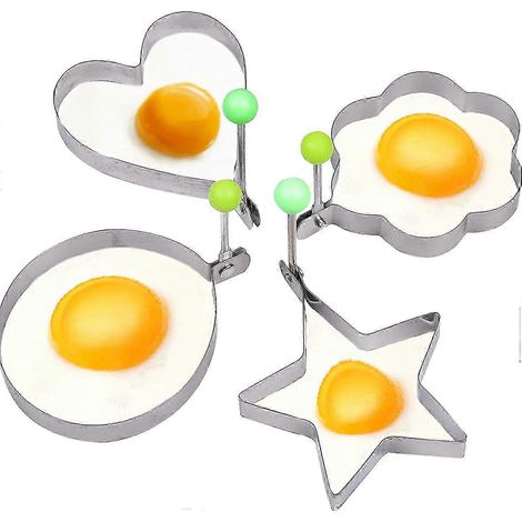 Moule à œufs en acier inoxydable 4 pièces avec poignée, forme étoile/cœur/rond/fleur pour crêpes et omelettes (1/5)