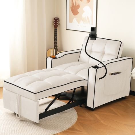 Divano letto 83/167/76 cm beige 3 in 1 con portabicchieri, portacellulare e tasca laterale (1/5)