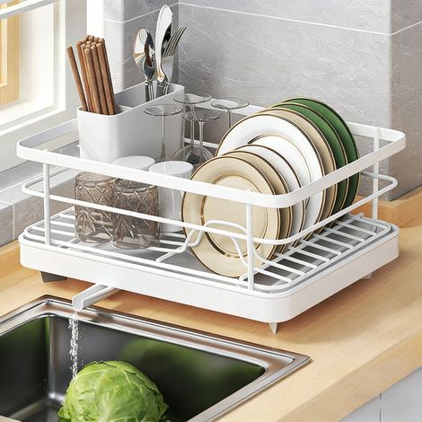 NICOLA Égouttoir à Vaisselle au-Dessus Évier Blanc avec Bec d’Évacuation Automatique, Range Vaisselle Compact avec Organiseur Couverts Cuisine (1/5)