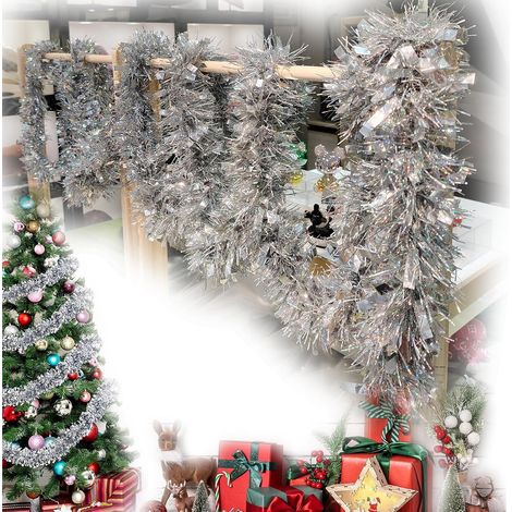 Lot de 4 guirlandes tinsel Noël 2m brillantes décoration intérieure extérieure argent (1/5)