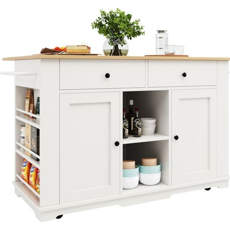 Îlot de cuisine avec prises, plateau rabattable et rangement, meuble de cuisine blanc avec 2 tiroirs, 6 compartiments et roulettes, idéal pour repas - CHICFURN (1/5)