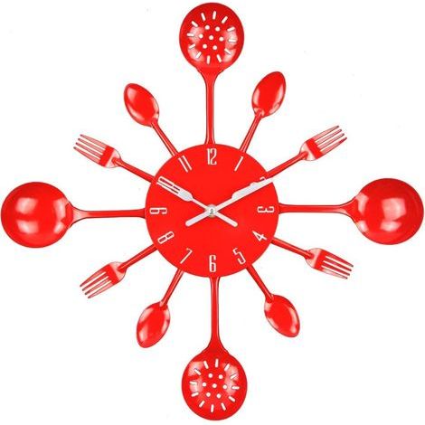 Horloge murale, 16" Métal Cuisine Couverts Ustensiles Cuillère Fourchette Horloge Murale Créative Moderne Décoration Intérieure Style Antique Horloge Murale (Rouge) (1/5)