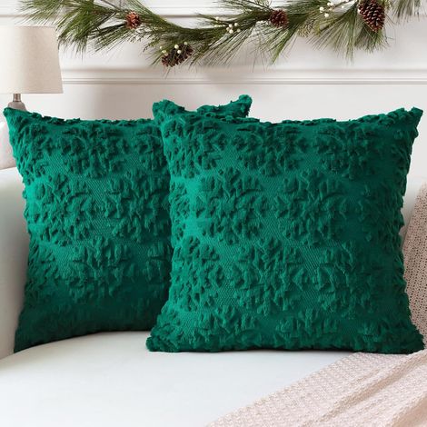 Lot de 2 Doux Peluche Laine Courte Velours Décoratif Housses de Coussin Luxe Style pour Canapé Chambre - Flocon de Neige Vert, 45 x 45 cm (1/5)