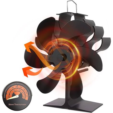 6 Pales Ventilateur de Poêle à Bois Silencieux Ventilateur Cheminee Écologique avec Thermomètre pour Poêle à Bois/Cheminée/Gaz/Bûche/Poêle à Granulés Noir (1/5)