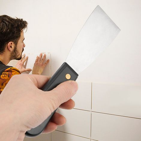 Grauer Spachtel für Tapeten und Farbe, Edelstahlklinge, weicher Griff (1/5)