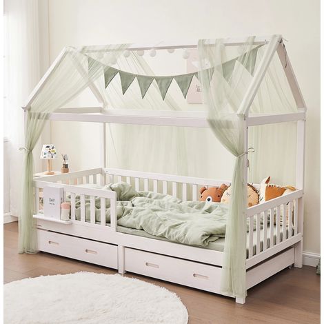 Alavya Home Set de décoration lit cabane 150x350 cm, 3 pièces : 2 ciels de lit + guirlande fanions, kaki (sans guirlande lumineuse) (1/5)