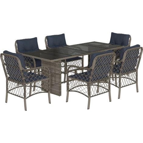7 Piece Garden Dining Set with Cushions Grey Poly Rattan vidaXL (1/5)