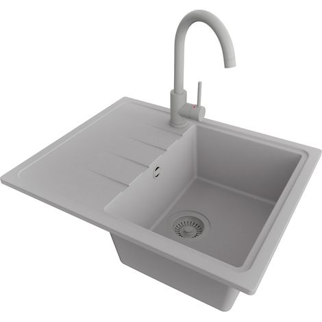 PRIMAGRAN Evier Cuisine en Granit 62x50cm,Lavabo 1 bac + Robinet 32x20cm + Kit de Vidage, Évier à Encastrer au meuble 40cm - Milan, Gris (1/5)