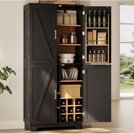 Mobile cucina alto 80 x 40 x 180 cm, 4 ante stile fienile, portabottiglie, MDF nero HAVRYA (1/5)