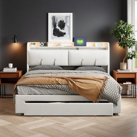 Estructura de cama para adultos 140x200 cm con LED - Terciopelo beige - USB (1/5)