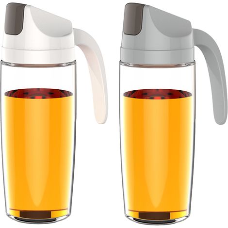 Lot de 2 flacons à bascule de 600 ml pour huile, vinaigre ou barbecue, avec bouchons automatiques. Flacons en verre, blancs et gris. (1/5)