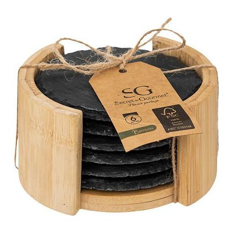 Set mit 6 Untersetzern aus Naturschiefer, Bambus-Organizer