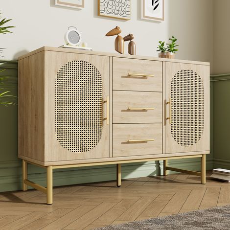 Commode à 3 tiroirs avec 2 portes en rotin, anti-basculement, pour chambre et salon, chêne (1/5)