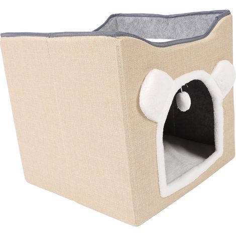 Niche pliable pour chat avec balle suspendue et griffoir, maisonnette/lit/grotte pour petit chat, couleur beige (1/5)
