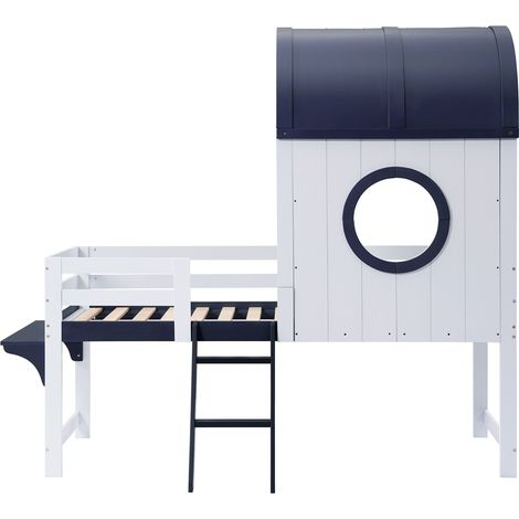 Cama alta infantil 90x200 cm con techo y ventana, cajón con ruedas, blanco y azul marino (1/5)