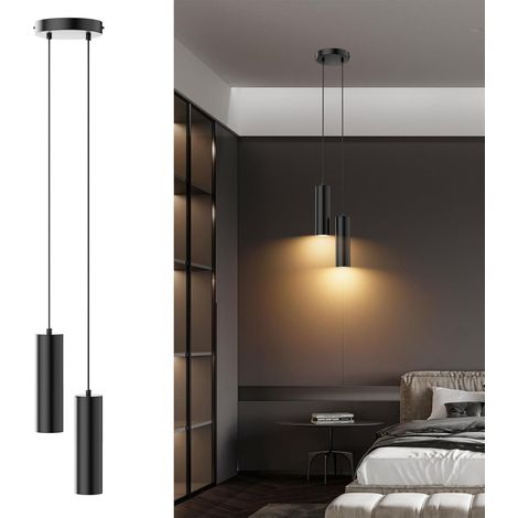 Suspension Luminaire Cylindre GU10, Lampe Suspension 2 Sopts Moderne pour Salon Chambre Cuisine Table à Manger, Hauteur Réglable, Noir, Ampoule non Incluse (1/5)