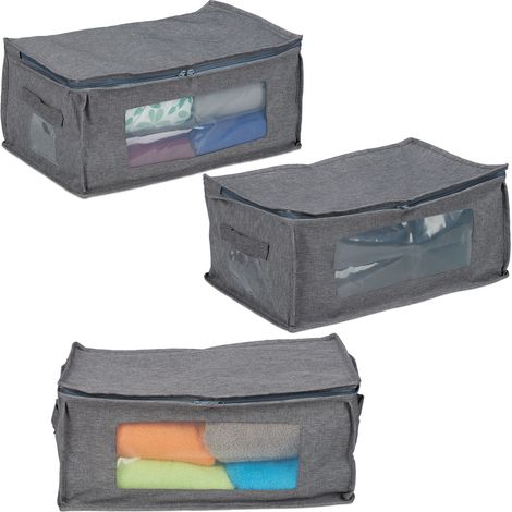 Relaxdays Set of 3 Underbed Storage Bags, Foldable, with Zip, for Clothes, Blankets, Toys, Fabric, 20 x 45 x 30 cm, Grey (1/5)
