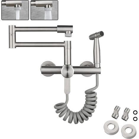 Rubinetto da cucina a parete FOREHILL, cassetto in acciaio inossidabile per uso alimentare 304 con pistola a spruzzo e 2 tipi di getto d'acqua, miscelatore a parete girevole a 360° (13 cm-17 cm) (1/5)