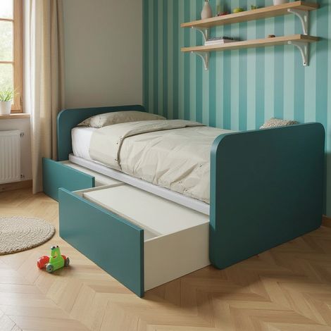 Letto singolo con cassetti 80x190 per cameretta - Design personalizzabile - Verde Petrolio (1/5)