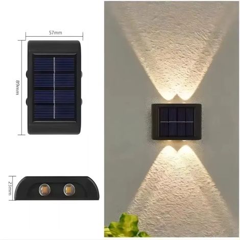 (8PCS-4LED-WARM) Applique solaire murale extérieure étanche à 4 LED, éclairage vertical vers le haut et vers le bas, compatible avec les jardins d'agrément, les cours et les espaces verts. (1/5)