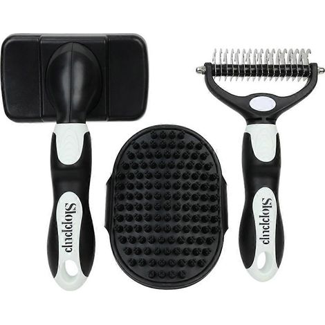 Kit de toilettage 3 pièces pour animaux : brosse carde, râteau et brosse de bain pour chiens, chats et chevaux. Outils doux pour la peau et autonettoyants. (1/5)