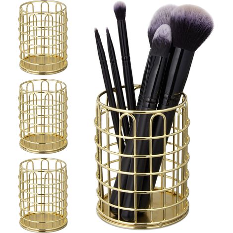Relaxdays 4x Round Pen Holders, Modern Decorative Design, Makeup Brush Organisers, Wired, Pencil Cup, HxØ: 10x8cm, Gold
