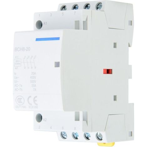 Contacteur AC à 4 pôles 20 A pour usage domestique – 2 contacts NO + 2 contacts NF – montage sur rail DIN – compatible 220 V / 230 V