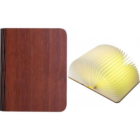 Lampada LED pieghevole a forma di libro con 3 modalità di luce, ricarica USB e funzione luce notturna portatile, coperchio in legno, 11×14,5×2,5 cm - Rosso (1/4)