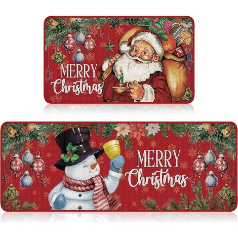 Juego de 2 tapetes de cocina de Papá Noel, con estampado de copos de nieve, base antideslizante para fregadero, decoración navideña rosa con árbol y copos de nieve. (1/5)