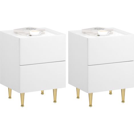WOLTU Lot de 2 Table de Chevet, MDF+PVC+Métal, Table de Nuit, 40x35x51cm, Table d'Appoint Moderne pour Chambre Salon, Blanc+Doré (1/5)