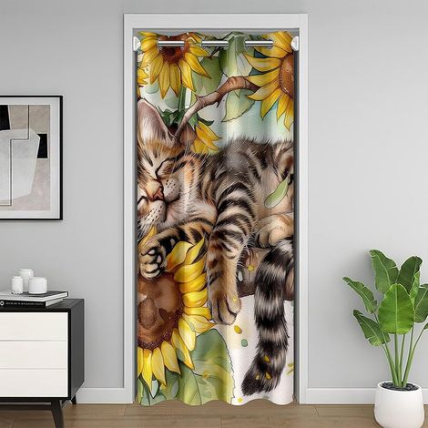 Enfants Mignon Chat Rideau de Porte 150x203 Pays Tournesol Rideau de Porte Ferme Fleurs Chat Rideau Occultant Vintage Aquarelle Fleurs Animaux Placard Rideau Jaune Brun - 150x203cm (1/5)