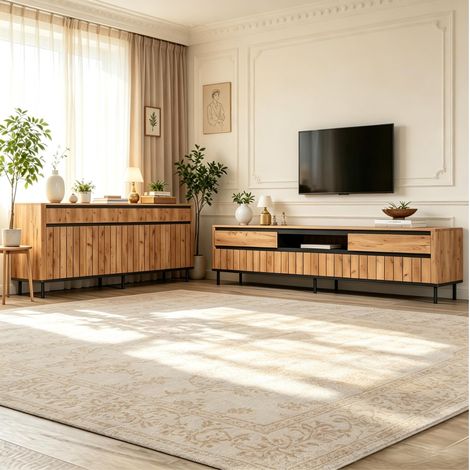 Credenza 160x40x73 cm e mobile porta TV 180x40x52 cm in legno naturale con finitura nera, struttura stabile per soggiorno (1/5)