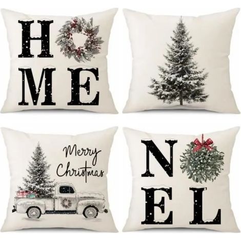 Lot de 4 Housses de Coussin Noël, Taies d'oreiller de Noël Décoratives en Lin Housse Coussins (45 x 45cm, Sapin de Noël/Home) (1/4)