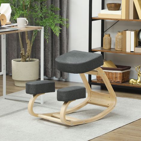 Silla ergonómica de rodillas con movimiento de balanceo, silla postural moderna acolchada en madera de abedul y poliéster, 51x69x58 cm, gris.