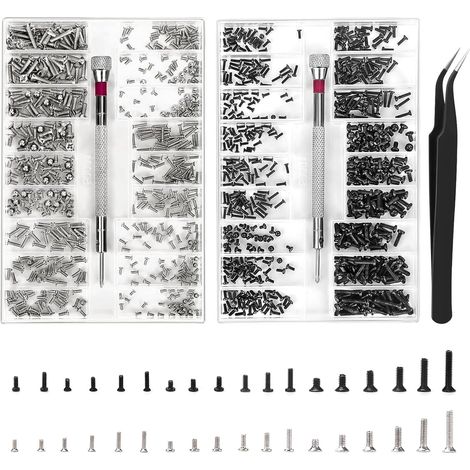 1000 Pièces Kit de Vis de Réparation Minuscule Micro, M1.2 M1.4 M2 Micro Vis de Réparation avec Tournevis et Pincettes, Mini Viss pour Montres, Lunettes de Soleil, Monocles (M＋O) (1/5)