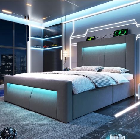 lit adulte rangement LED 90x200 velours gris HAVRYA (1/5)