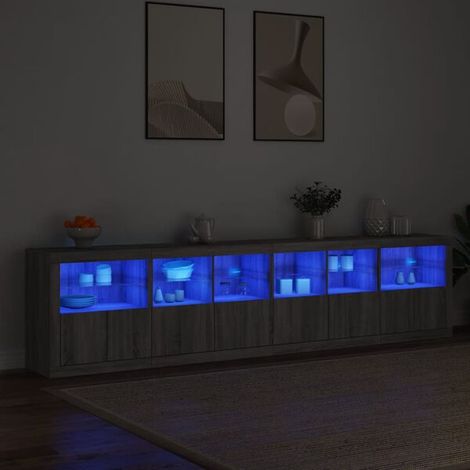 Buffet Bas de Cuisine avec Éclairage LED Intégré, Meuble de Rangement Moderne en Bois Effet Chêne Sonoma et Gris, 283 x 37 x 67 cm (1/5)