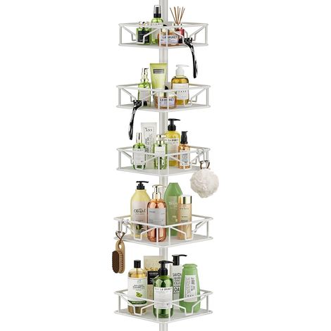 Étagère télescopique de douche d'angle avec 5 paniers, étagère en métal pour baignoire, hauteur réglable de 106 à 287 cm, blanc (1/5)