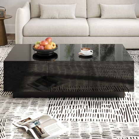 Table basse en panneaux de particules noirs 100x31x50 cm, finition brillante partielle, avec tiroirs et compartiments coulissants (1/5)