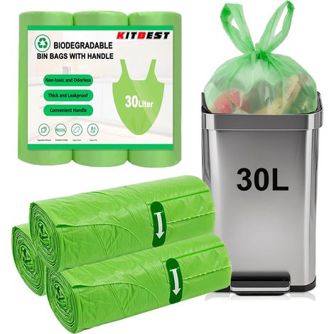 30L Sacs Poubelle Biodégradables avec poignée, 60 sacs, verts Extra solide, compostable, recyclable pour 20-30L de haut compost Caddy, salle de bains Bureau Toilette Cuisine, 60x75cm (1/5)