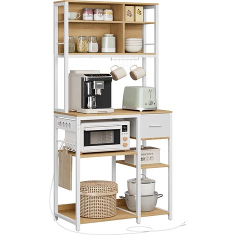 Vasagle – Étagère de cuisine avec multiprise – Bar à café avec 12 crochets – Tiroir en tissu – Dimensions 40 x 80 x 180,4 cm – Doré chêne et blanc nuage