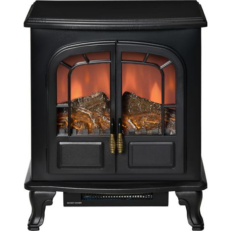 HOMCOM Poêle électrique style rétro 2 portes verre trempé 1000/2000W LED luminosité variable acier ABS noir (1/5)